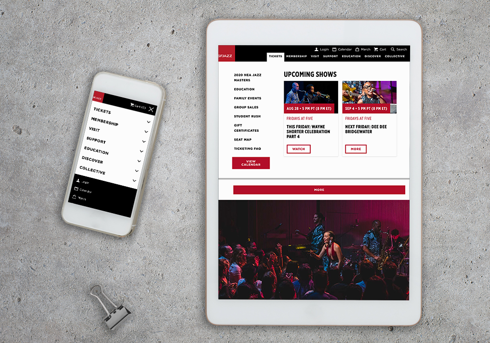 SFJAZZ Responsive Website Displayed on Mobile Devices Phone and Tablet