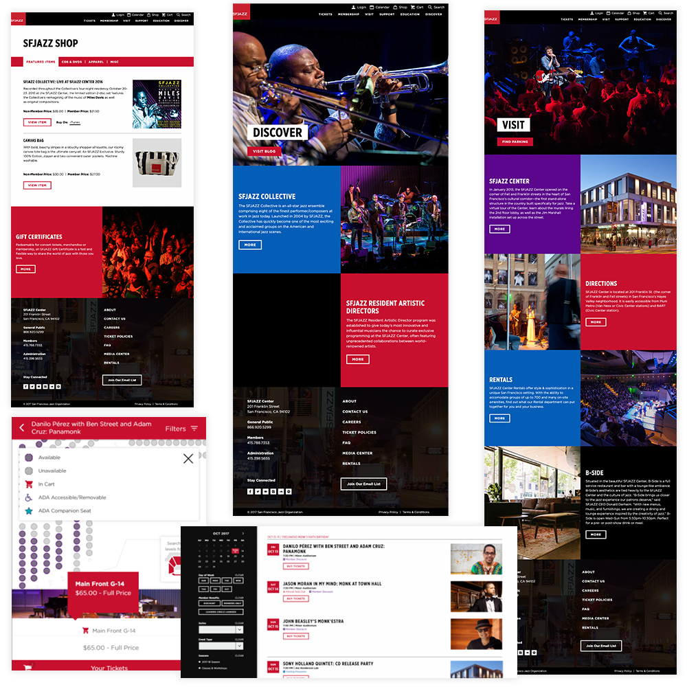 SFJAZZ Responsive Website Redesign Shop, Visit, Calendar and Seat Map Web Pages
