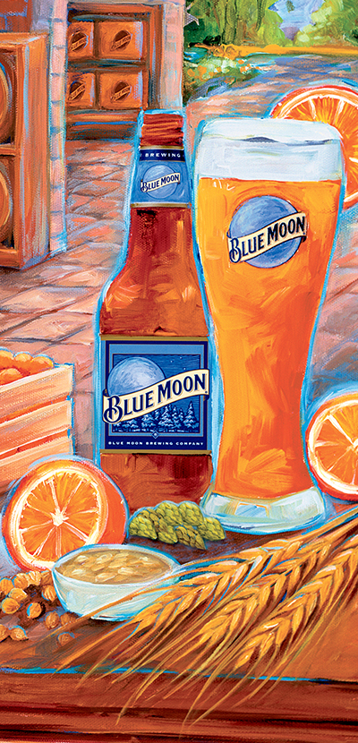 Blue Moon Brewing Point Of Sale Campaign Artwork Painting by Shelly Bartek of Beer Hops and Oranges on Table