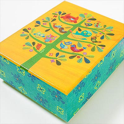 Papyrus Boxed Notecard Packaging with Owls and Birds on Tree
