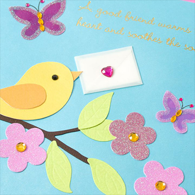 Papyrus Little Note Greeting Card Detail of Paper Construction with Vellum Envelope, Gems, and Glitter