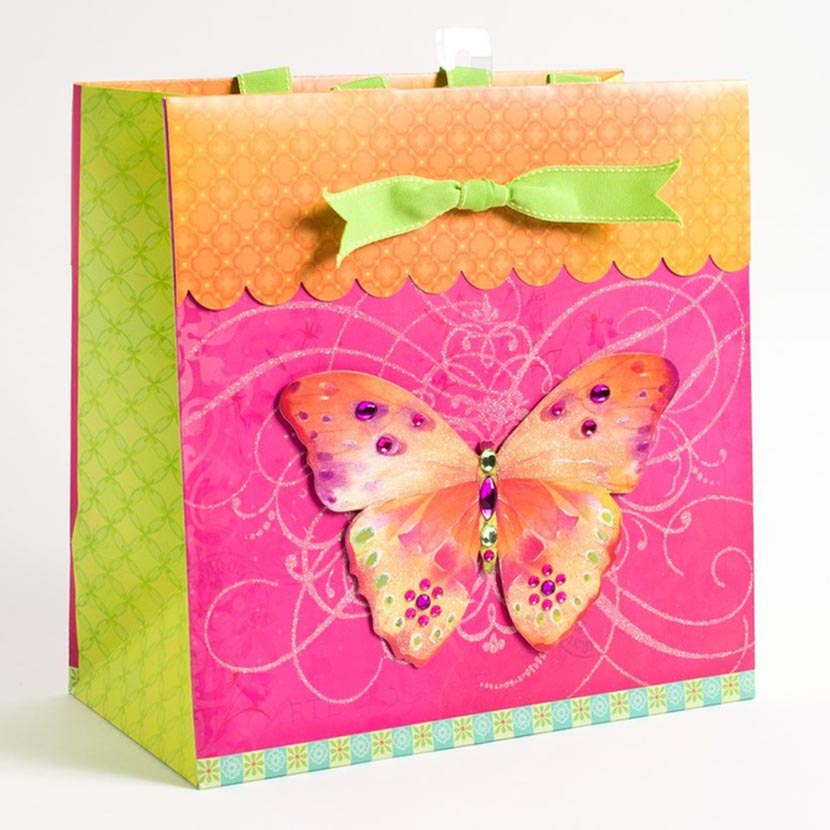 Papyrus Large Mother's Day Butterfly Bag in Magenta and Orange with Green Bow