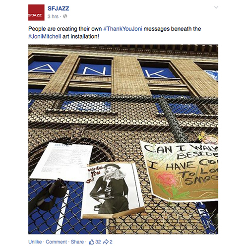 Facebook Post About Fans Adding Notes to Thank You Joni Mitchell Installation